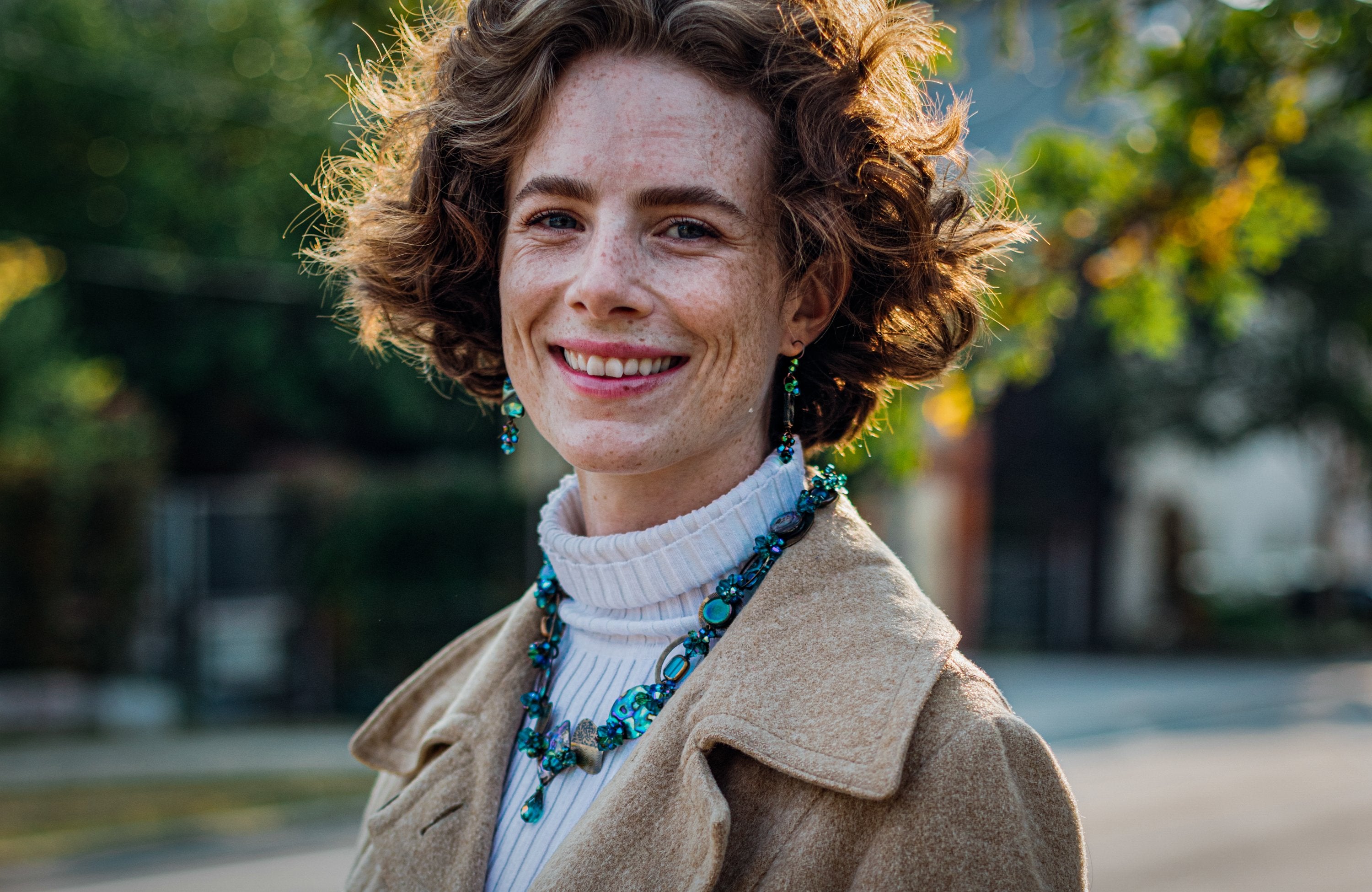Our friend Clare modelling a beautiful, chunky Atlantis Necklace and matching Atlantis earrings.