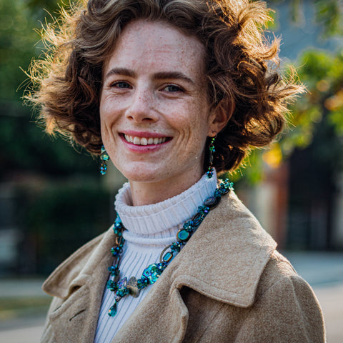 Our friend Clare modelling a beautiful, chunky Atlantis Necklace and matching Atlantis earrings.